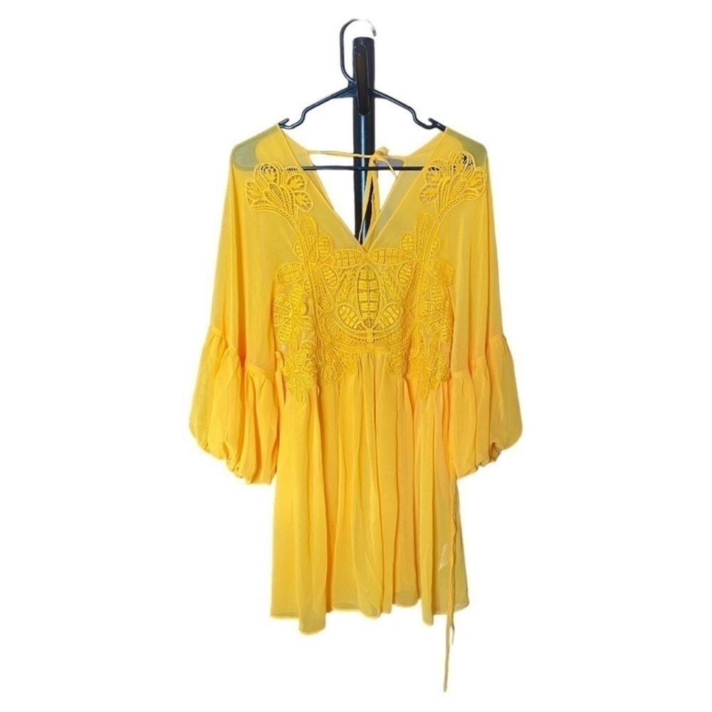 Self-Portrait Chiffon Mini Dress V Neck Embroidered Lantern Sleeve Dress - Picture 4 of 8